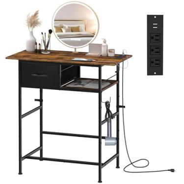 Imagem de NANANARDOSO Mesa de maquiagem com estação de carregamento, pequena penteadeira com gaveta e gancho de metal para quarto, dormitório, escrivaninha, sem espelho, organizador de armazenamento compacto