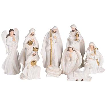 Imagem de Dicksons Estatuetas de presépio decoração de Natal 9 x 18 cm resina sagrada família branca e dourada esculpida conjunto de 9