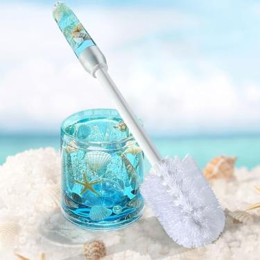 Imagem de FONMY Escova de vaso sanitário e suporte acrílico com concha natural, escova de vaso sanitário de tamanho compacto com alça de plástico fácil de esconder, à prova de gotejamento, economia de espaço