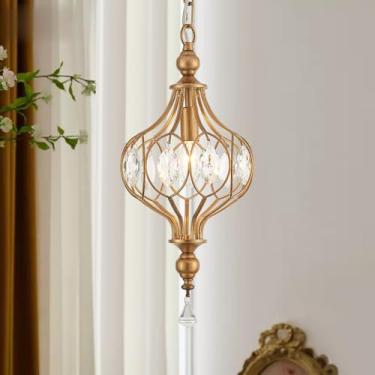 Imagem de VILUXY Luminária pendente vintage de latão para ilha de cozinha, mini chandeleir de cristal antigo, ajustável, K9, luminária suspensa de cristal para quarto, sala de jantar, corredor