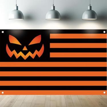 Imagem de Starlit Patio Pano de fundo de abóbora de Halloween 189 x 109 cm com listras pretas e laranja inspirado na bandeira americana faixa de parede assustadora para festa no jardim interno e externo