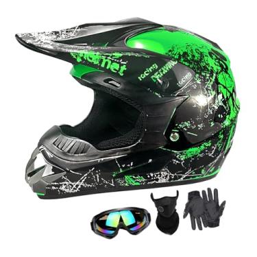 Imagem de Capacetes infantis de motocross, motocicletas, BMX, quadriciclo, off-road, quatro rodas, capacetes de rosto inteiro para bicicleta Moutain aprovados por pontos (luvas de proteção facial) (SH-verde