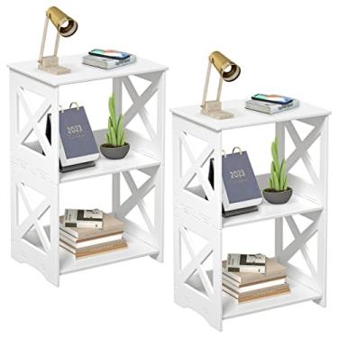 Imagem de BYFU Conjunto de 2 mesas laterais de 3 andares, mesa de canto estreita com prateleira de armazenamento, mesa de cabeceira branca pequena estante de livros para quarto, banheiro, sala de estar
