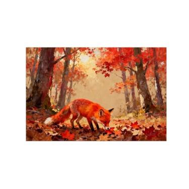 Imagem de Quadro parede outono-Raposa floresta Impressões em tela paisagens-Pintura animais para sala estar decoração fazenda 20x30cm Sem Moldura