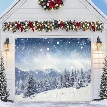 Imagem de DORCEV 2,1 x 2,4 m decoração de porta de garagem floresta nevada de inverno Natal país das maravilhas decoração de porta de festa bokeh inverno cenário natural flocos de neve fundo de Natal para
