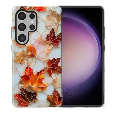 Imagem de ZHEGAILIAN Capa compatível com Samsung Galaxy S23 Ultra, capa de telefone com design de vitral estético com folhas de outono de bordo, capa rígida híbrida de 2 camadas para meninas meninos mulheres
