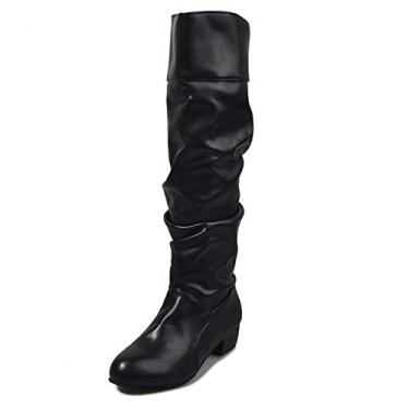 Imagem de Bigfanshu Botas femininas até o joelho moda dobrável sem cadarço botas de inverno casuais salto baixo branco preto longo fino bota feminina chukka bungee meio da panturrilha atlético, Preto, 38 BR