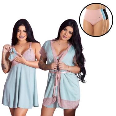 Imagem de Kit Maternidade Camisola Amamentação Robe Roupão 3 Calcinhas Pós Parto