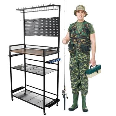 Imagem de Suportes de vara de pesca, suporte de vara de pesca de 3 níveis, organizador resistente que economiza espaço até 12 varas, organizador de equipamentos de pesca, carrinho de armazenamento com rodinhas