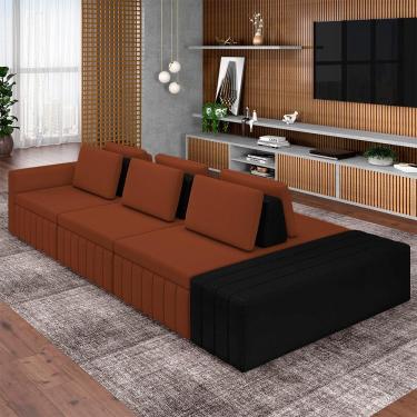 Imagem de Sofá Ilha com Encosto e Almofadas Móveis Olimpo 335cm Modulado Linho/PU Terracota/Preto G45 - Gran Belo