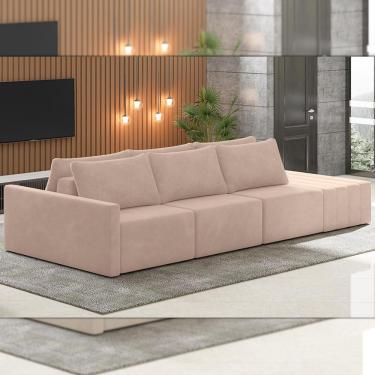 Imagem de Sofá Ilha Modulado Milos 342cm Puff Lateral Veludo Rosê G33 - Gran Belo
