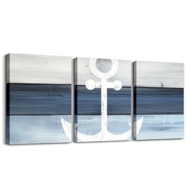 Imagem de jejeloiu Decoração de parede com âncora azul 30,5 x 40,6 cm x 3 peças, decoração náutica para escritório, pôsteres, oceano, mar, aventura, litoral, marinho, madeira, tela, arte de parede para sala de