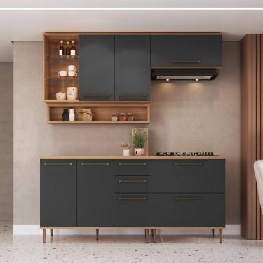Imagem de Cozinha Modulada 6 Peças com Tampo 120cm Nicho Decorativo Balcão para Cooktop Isabelle Freijó / Grafite