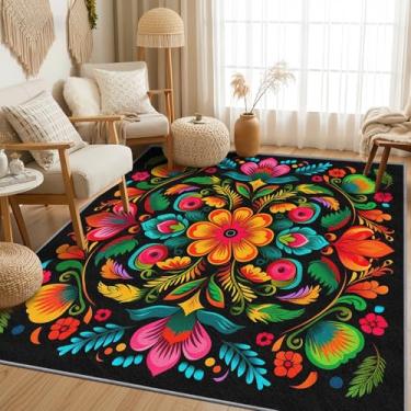 Imagem de Zoainuos Tapete México 3x4 – Tapetes florais coloridos para entrada – Tapete de porta interior abstrato – Lavável antiderrapante macio pelo baixo – Decoração de casa étnica mexicana e presentes