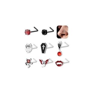 Imagem de AccGin Brincos de anel de nariz em forma de L 20G, parafusos de aço inoxidável 314L Spider L, joia piercing para mulheres homens preto prata Halloween Natal, 20G, Aço inoxidável, Zircônia cúbica