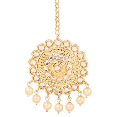 Imagem de Touchstone Nova coleção Kundan contemporânea indiana Bollywood Mughal Floral Kundan Aparência Falsa Pérola Joia Noiva Larga Maangtika e Jhumar em tom dourado para mulheres