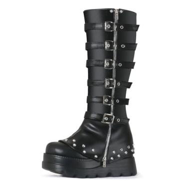 Imagem de FIFSY Botas femininas na altura do joelho, plataforma gótica, com fivela, punk, salto cunha, botas de cosplay para festa e fantasia, Preto, 38