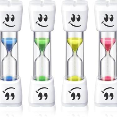 Imagem de Pacote com 4 temporizador de areia de 3 minutos para jogos - Ampulheta colorida com rosto sorridente, ferramenta de ensino de sala de aula, auxílio de atenção plena e presente de decoração de mesa