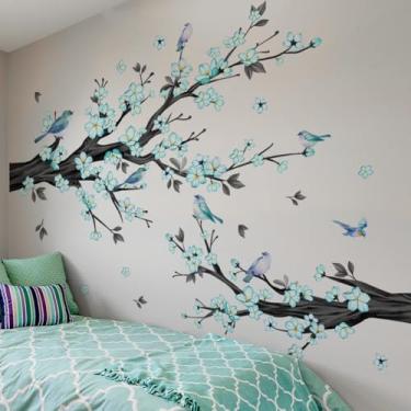 Imagem de ZARROUEA Adesivo de parede de flores azuis de tamanho grande, galho de árvore de primavera com decalques de parede de flores e pássaros, adesivos de parede removíveis, 190 x 165 cm, 4 folhas para sala