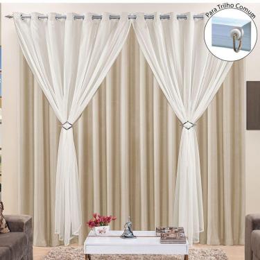 Imagem de Cortina Jéssica 3,00M X 2,80M Tecido Microfibra Com Voal Exclusiva Para Trilho Comum - Bege