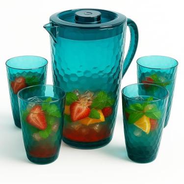 Imagem de Conjunto de jarra de água de plástico de 2,4 litros com tampa e 4 copos, livre de BPA, conjunto inquebrável de 2,4 L, lavável na lava-louças, ideal para chá gelado, sangria, limonada, suco, leite