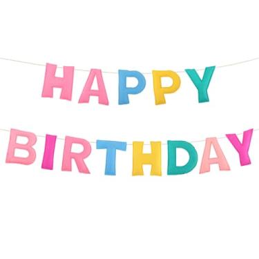 Imagem de Guirlanda de feliz aniversário de feltro, faixa arco-íris pré-amarrada, sinal de festa reutilizável pastel para decorações de aniversário, pano de fundo de foto e suprimentos de festa personalizados