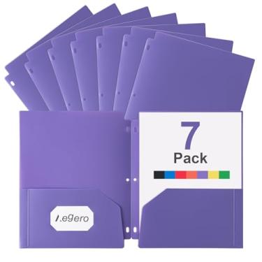 Imagem de Aegero Pastas perfuradoras de plástico de 3 furos com bolsos (pacote com 7, roxo), serve para fichário de 3 anéis, pasta divisória para notebook, poliéster durável, comporta papel tamanho carta padrão