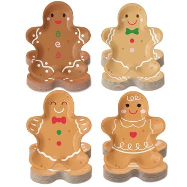 Imagem de OuMuaMua 100 peças de pratos de papel de gengibre de Natal, pratos de papel descartáveis em forma de homem de gengibre, utensílios de mesa decorativos, pratos de sobremesa, pratos de jantar para Natal