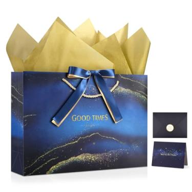Imagem de YoungTree Saco de presente grande com papéis de seda e cartão de felicitações fita de 2 cores, sacos de presente de aniversário, bolsa de presente de papel portátil com alças, sacos de presente para