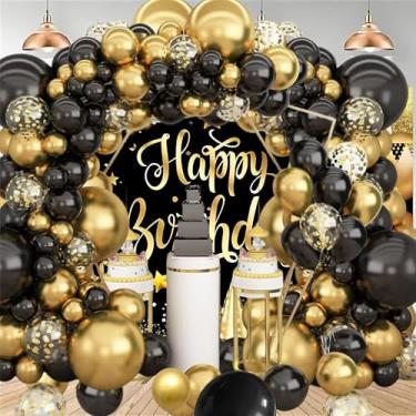 Imagem de Kit de guirlanda de arco de balão preto e dourado, guirlanda de ouro metálico preto com balões de confete de ouro para chá de bebê, casamento, formatura, aposentadoria, decorações de festa de
