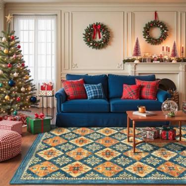 Imagem de HOMORE Tapete azul 10 x 15 cm, estampa xadrez de Natal, lavável, antiderrapante, tapetes macios para entrada, cozinha, sala de estar, sala de jantar, quarto, tapete geométrico marroquino