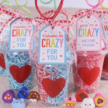 Imagem de Presentes de Dia dos Namorados para Crianças - Pacote com 24 Presentes de Papelaria de Dia dos Namorados com Canudos Loucos Adesivos Borrachas Stampers Afiador Copos Amolador Sala de Aula Prêmio