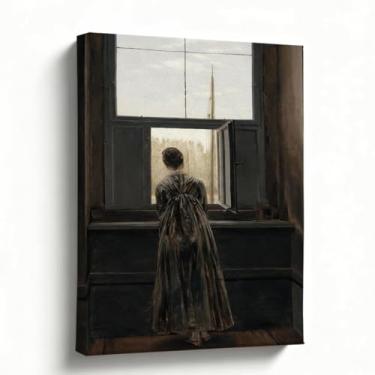 Imagem de Arte de parede em tela, cena interior romantismo por janela, reprodução de pintura a óleo Caspar David Friedrich, giclée vintage clássico para quarto, estudo, entrada, decoração de casa, 20 x 25 cm