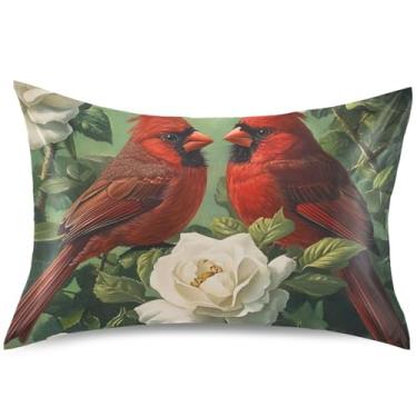 Imagem de Capas de almofada de cetim de pássaros vermelhos florais de Natal capas de travesseiro padrão king queen travesseiro refrescante presentes modernos roupa de cama, tamanho Queen, 76,2 cm x 50,8 cm