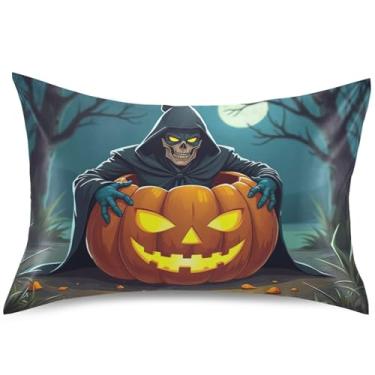 Imagem de Capas de almofada de cetim de abóbora para Halloween Grim Reaper Capas de travesseiro de resfriamento de cabelo padrão Queen King Size almofadas de cama fofas arte macias básicas, tamanho Queen, 76,2