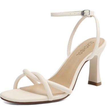Imagem de SLXCHBSL Sandália feminina de bico redondo com tiras com salto alto grosso de 7,6 cm com tira ajustável no tornozelo, confortável, bico aberto, sapato social para festa de casamento ou formatura