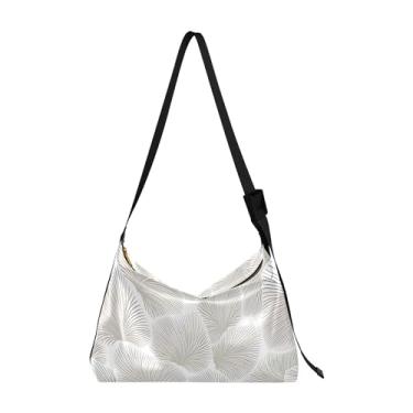 Imagem de Bolsas Hobo femininas de couro tropical Monstera Leaves Bolsa transversal grande com estampa floral de folhas Hobo, Folha abstrata cinza