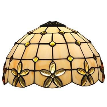 Imagem de Cúpula de abajur de 30 cm (12 polegadas), modelo Tiffany com vitrais e contas de vidro em formato de flor lilás, ideal para luminárias de mesa, pendentes, de chão e de teto, na cor dourada.