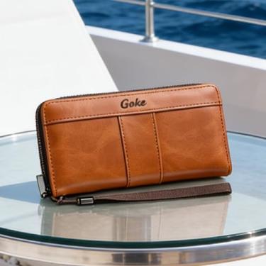 Imagem de Carteira para homens, organizador de janela de identificação de couro longo com zíper, grande capacidade e design seguro para identificação e cartões de crédito (Camel)