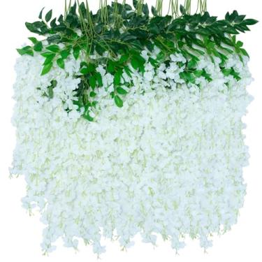 Imagem de LUZOGA Pacote com 12 flores artificiais para pendurar glicínias, flores falsas, videiras de seda, decoração de ratã para casa, casamento, arco, parede, jardim, vegetação, quarto, decoração de festa ao