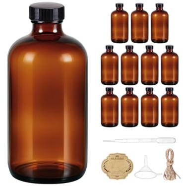 Imagem de Garrafas de vidro de 473 ml com tampas, pacote com 12 frascos de amostra âmbar Boston redondos kombucha com tampas pretas, recipientes de vidro perfeitos para fermentação secundária, armazenamento de