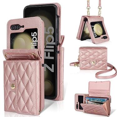 Imagem de CASEOWL Compatível com Samsung Galaxy Z Flip 5 Capa carteira de couro transversal com porta-cartão, alça de ombro removível e alça de pulso para mulheres, ouro rosa
