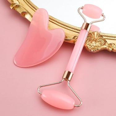 Imagem de Ferramentas de rolo facial, ferramentas faciais para cuidados com a pele, massageador facial para rosto, olhos, pescoço, alivia linhas finas e rugas, rosa