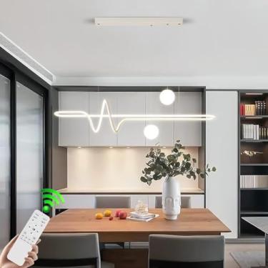 Imagem de Lustre moderno com altura ajustável, luminária de mesa estilo nórdico chique, luminária pendente LED de 105 cm com controle remoto, luminária de teto branca para sala de estar, sala de janta