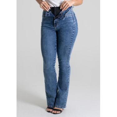 Imagem de Calça Jeans Feminina Sawary Super Lipo Boca de Sino Boot Cut Flare, Az