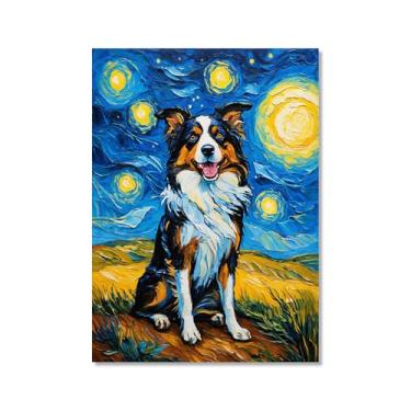 Imagem de Pintura a óleo floral colorida abstrata Van-Gogh Dog Starry Night Pôster em tela de arte de parede impressões engraçadas de animais para decoração de casa e sala de estar de casa de fazenda (SKU4,12 x