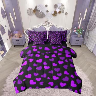 Imagem de Manfei Jogo de cama solteiro com corações roxos, 7 peças, tema romântico do Dia dos Namorados com lençol para crianças, chique, corações do amor, moderno, roxo, preto, conjunto de cama em uma bolsa