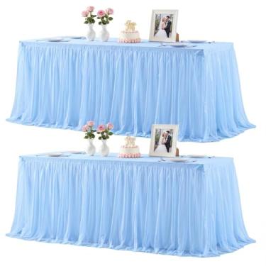 Imagem de Pacote com 2 toalhas de mesa azul bebê para mesas retangulares de 2,3 m, toalha de mesa de tule azul claro retangular, 2,4 m, capas de mesa de elastano para chá de bebê, meninos, festa de aniversário