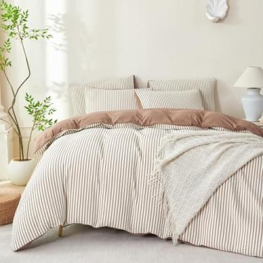 Imagem de BUPIRD Conjunto de edredom King listrado de microfibra lavada, macio, 3 peças, marrom mocha, branco, para todas as estações e 2 fronhas, confortável, respirável