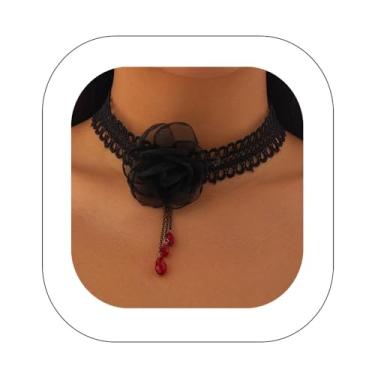 Imagem de Yheahin Gargantilha gargantilha de renda preta gótica com flor steampunk de cristal e pingente de borla rosa gargantilha de vampiro lolita cosplay joia de pescoço para mulheres, Liga de zinco, renda,